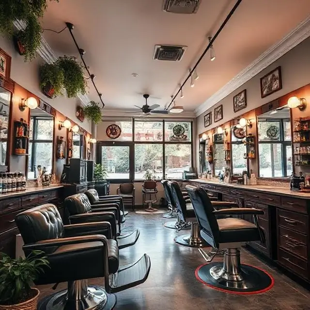 A wide shot of the stylish and relaxing barbershop interior