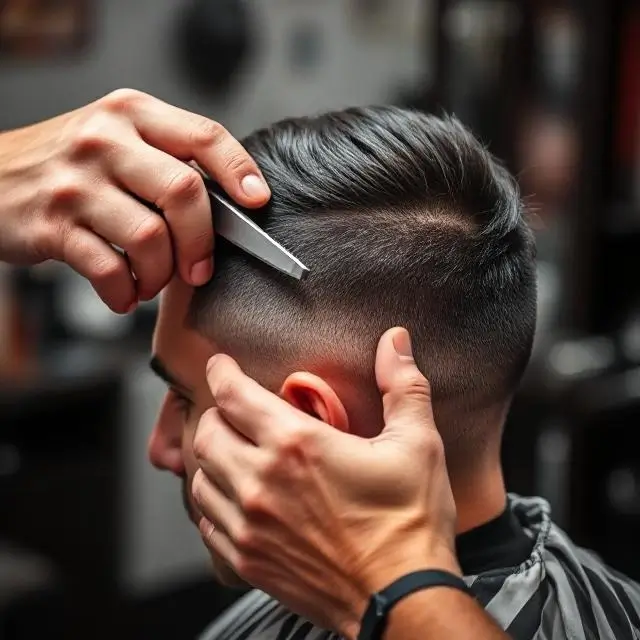 A barber's hands precisely cutting hair