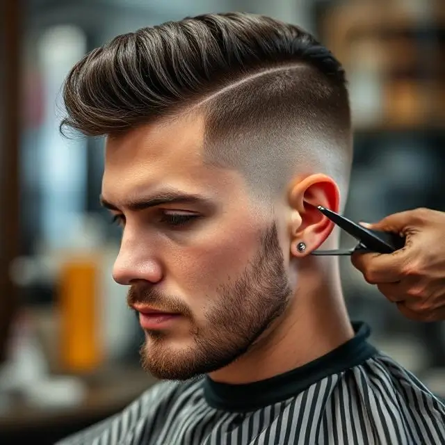 A barber focused on a precision haircut