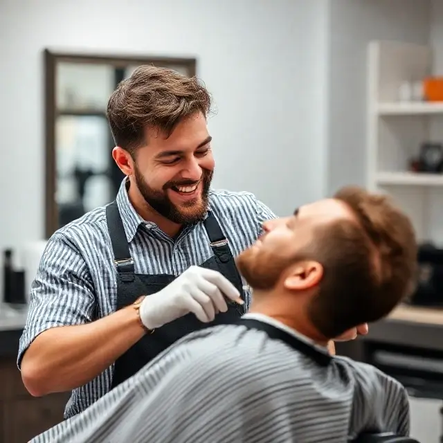 A barber and a client sharing a laugh