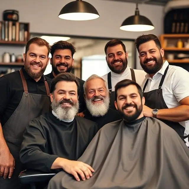 The full team of barbers smiling together