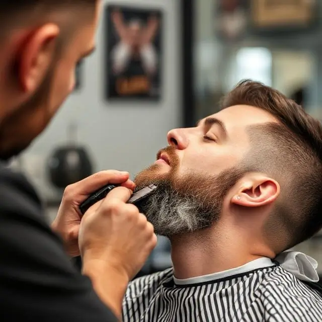 A barber precisely trimming a client's beard