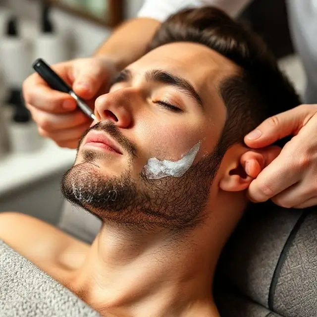 A client relaxing with a hot towel during a shave