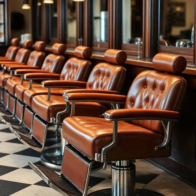 A row of classic leather barber chairs