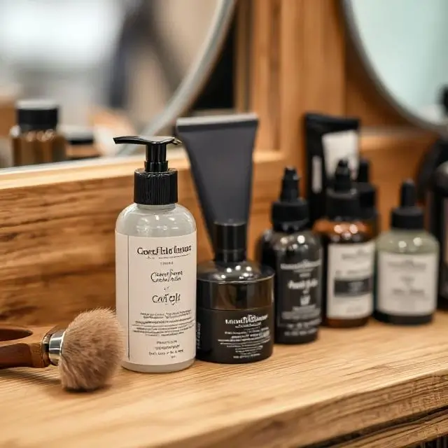 A detailed shot of grooming products on an oak station